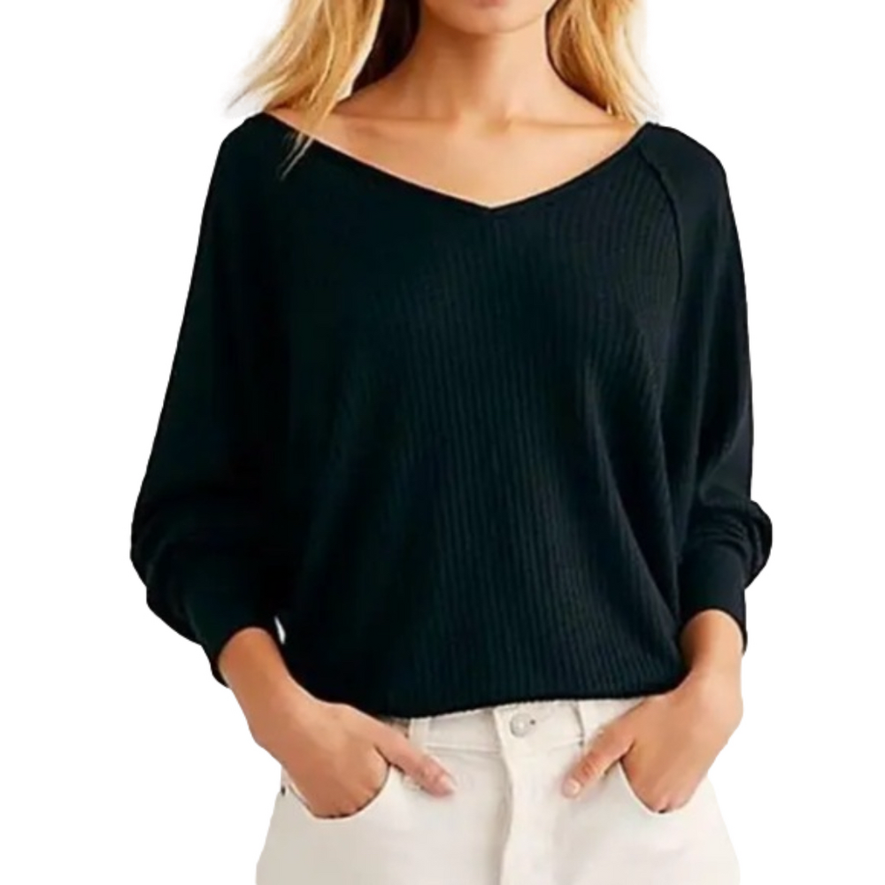 FREE PEOPLE Santa Clara MSRP $78 Women’s large black waffle knit v-neck pullover - Picture 2 of 13